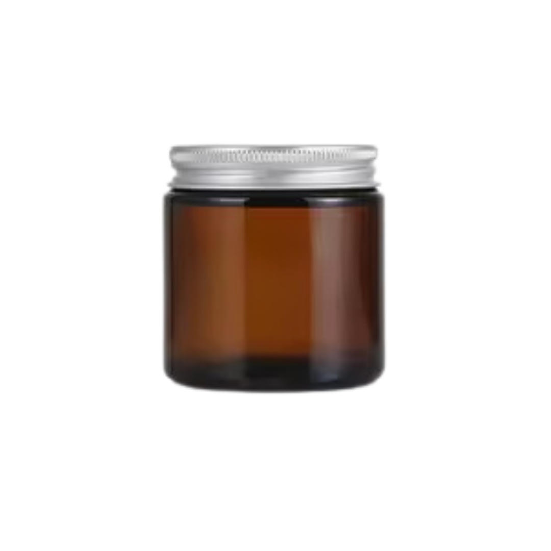 FRASCO DE VIDRIO AMBAR CON TAPA PLATEADA (120ML) Dia 6.1cm x Alt 6.5cm