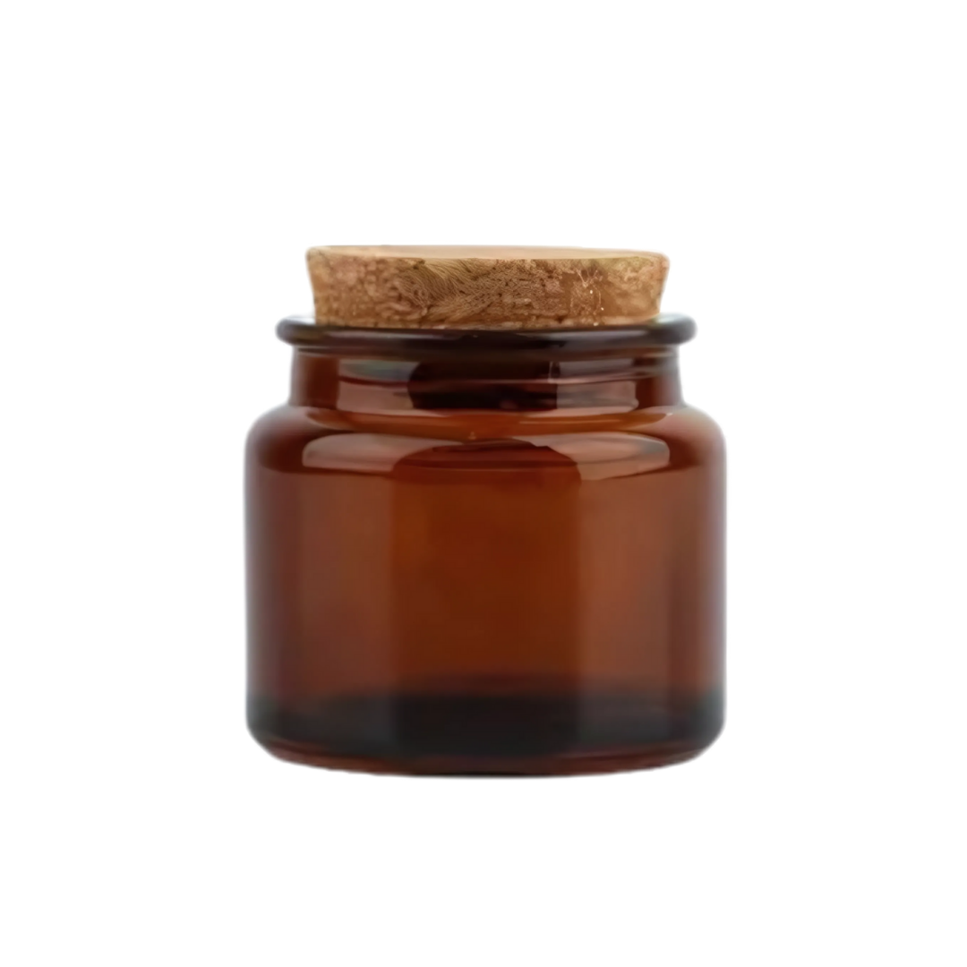 FRASCO DE VIDRIO AMBAR CON TAPA CORCHO (80ML) Dia 6.2cm x Alt 6.0cm