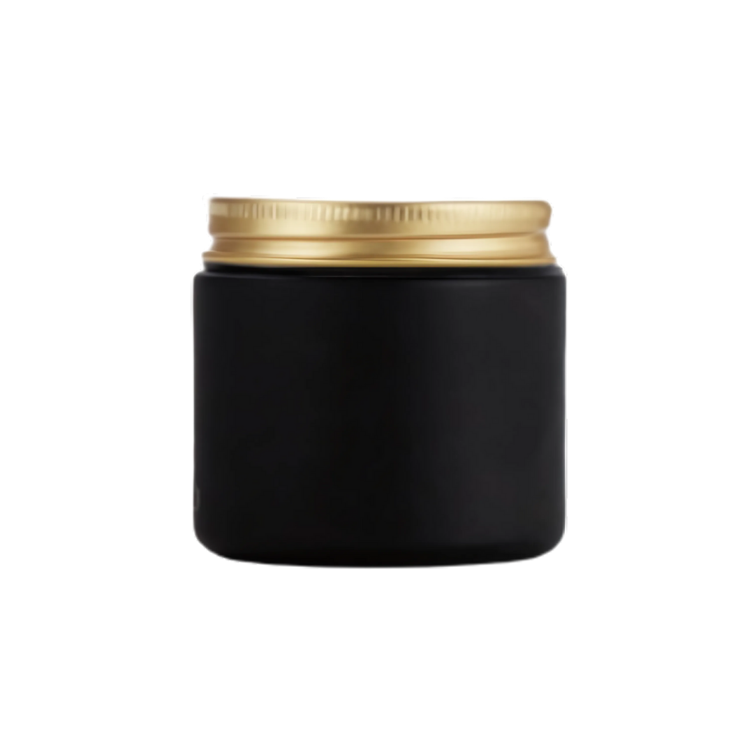 FRASCO DE VIDRIO NEGRO MATE CON TAPA DORADA (120ML) Dia 6.2cm x Alt 6.5cm