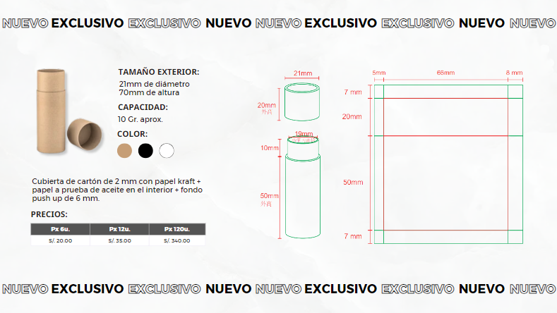 TUBO LABIAL DE CARTÓN KRAFT - PUSH UP - 10 GRAMOS APROX.