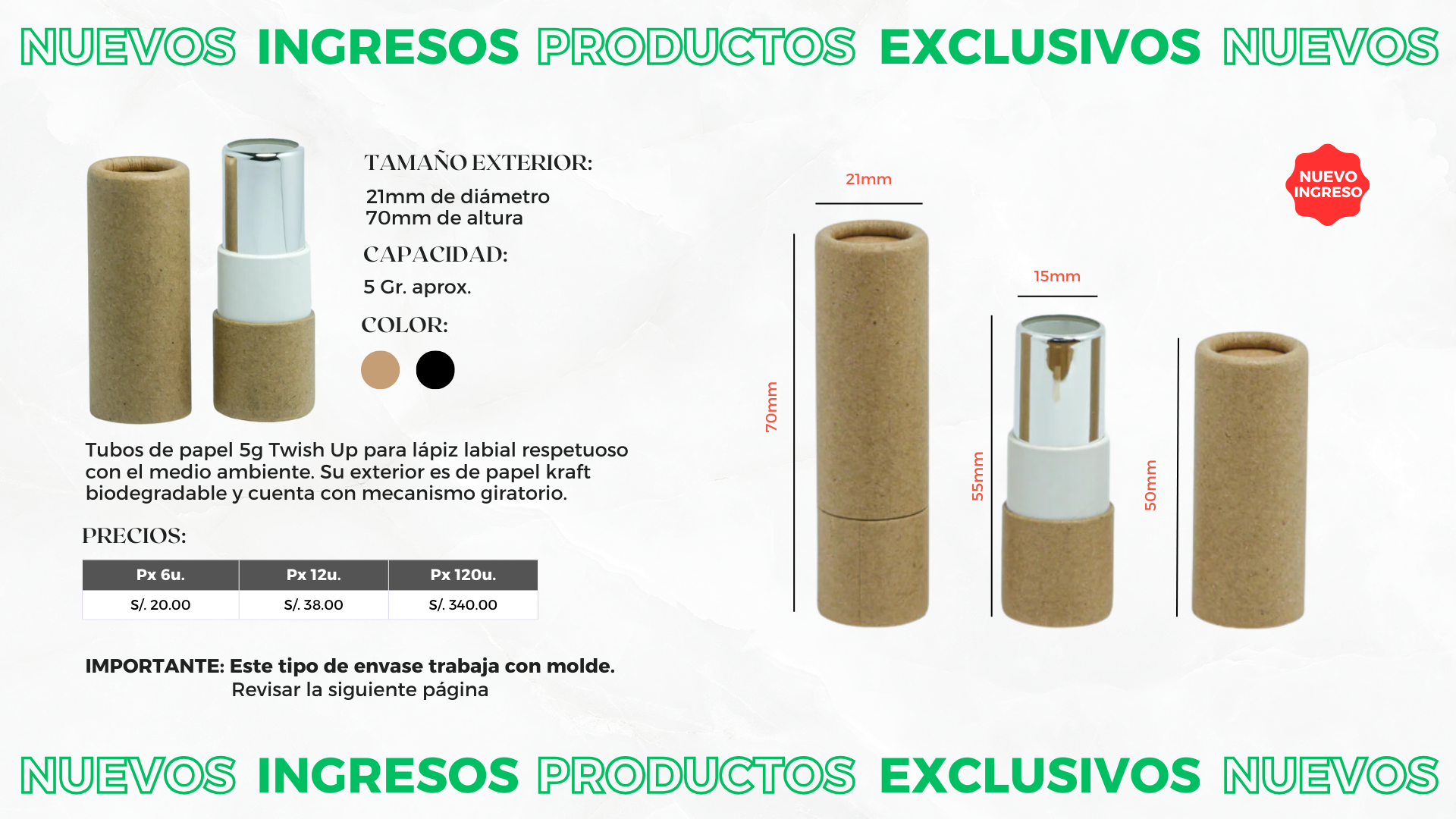 TUBOS LABIALES NEGRO ROTATIVOS CARTÓN - 5 GRAMOS APROX.